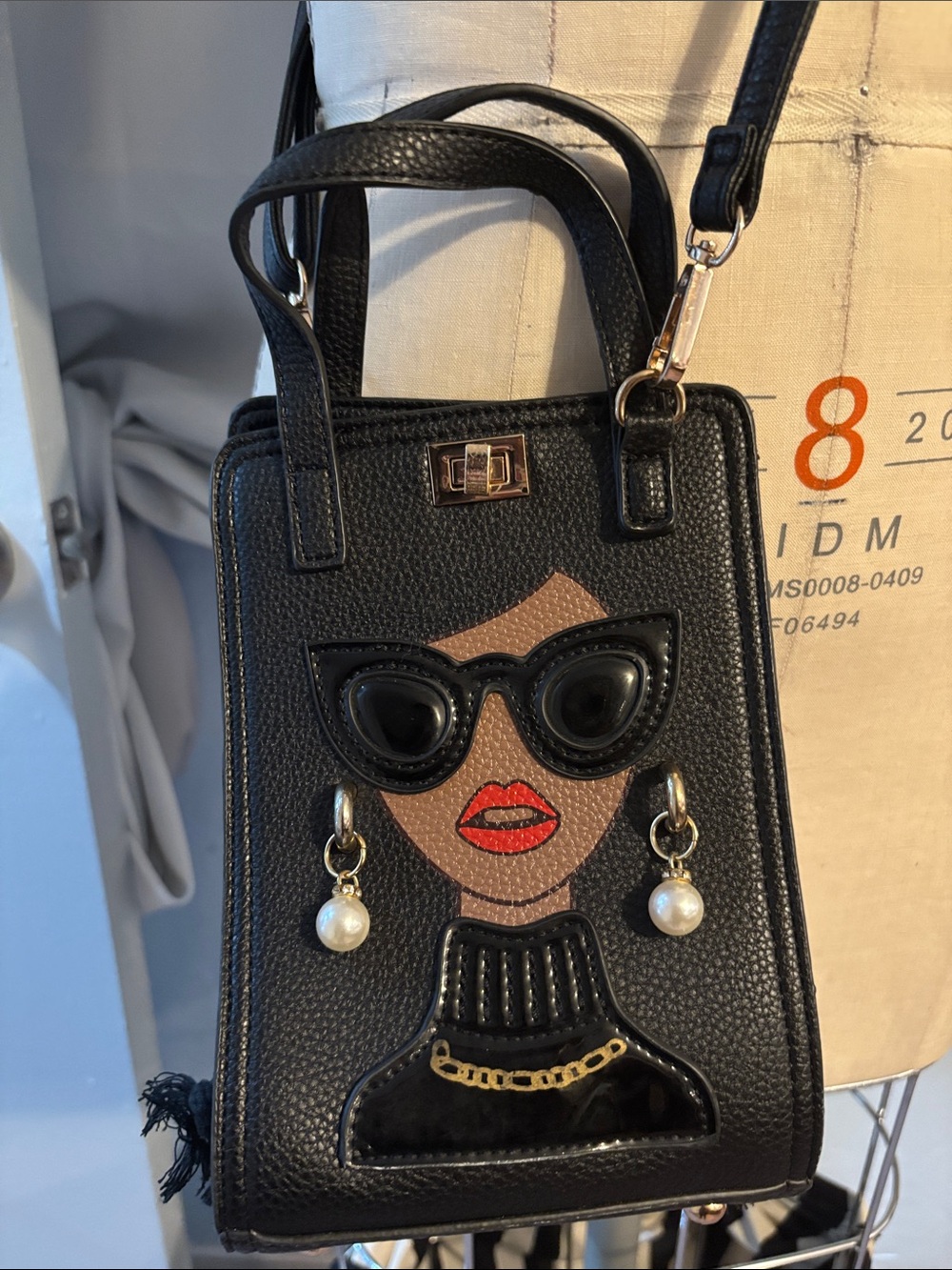 Black Novelty Face Applique Mini Tote Bag with Pearl Earrings